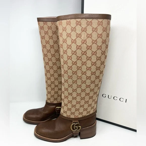 Gucci Lola GG Riding Boots Brown Knee High Supreme Block Heel EU 37.5 US 7.5 - Picture 2 of 9